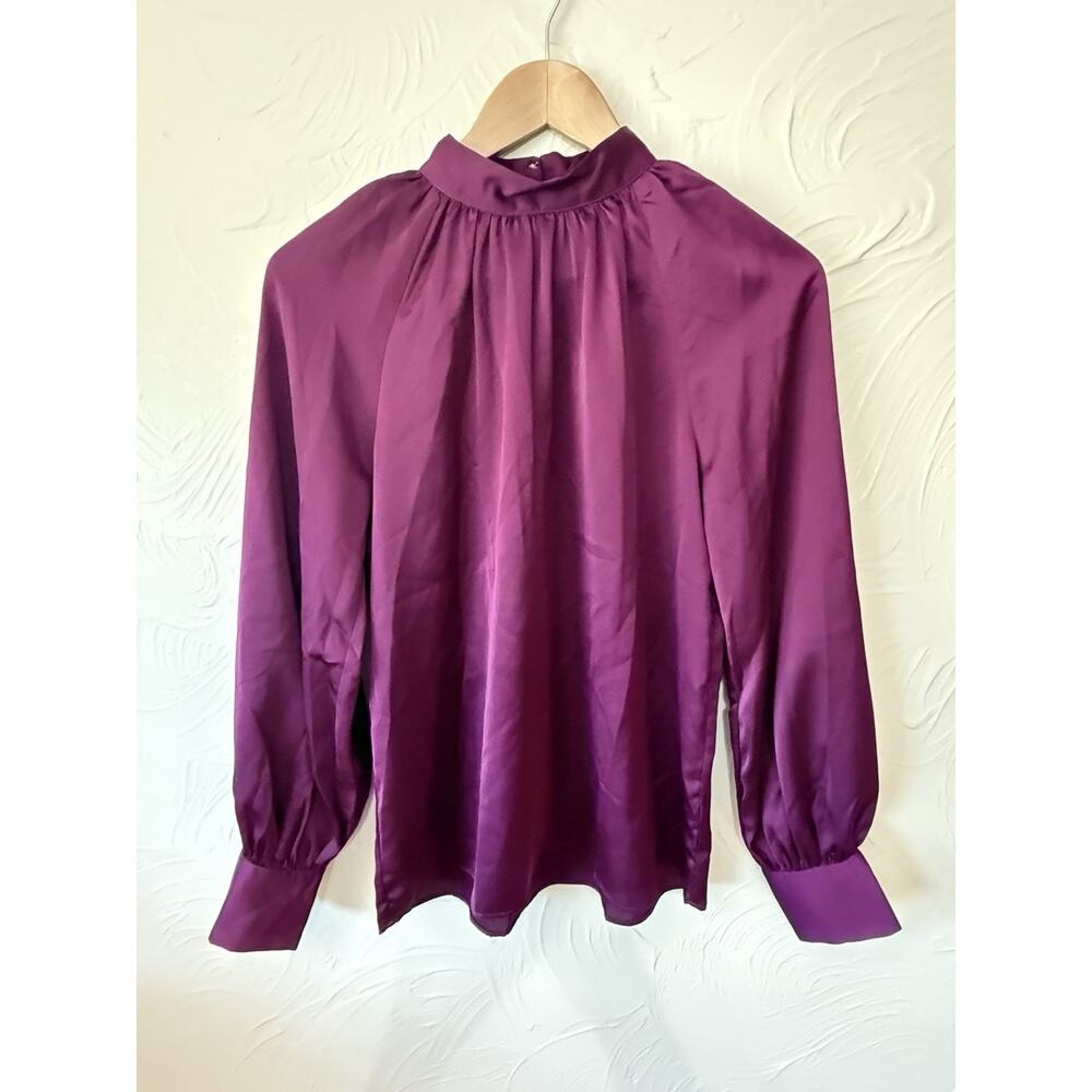 Ann Taylor Satin Blouse Purple Long Sleeve High Neck Button Back Women’s XS